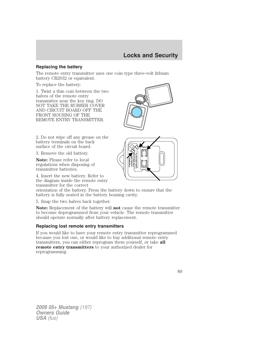 Replacing the battery, Replacing lost remote entry transmitters, Locks and security | FORD 2009 Mustang User Manual | Page 89 / 292