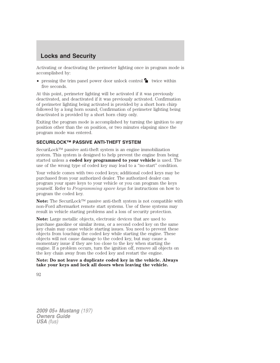 Securilock™ passive anti-theft system, Anti-theft system, Locks and security | FORD 2009 Mustang User Manual | Page 92 / 292