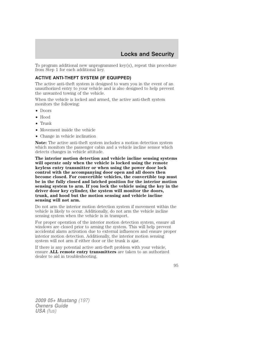 Active anti-theft system (if equipped), Locks and security | FORD 2009 Mustang User Manual | Page 95 / 292