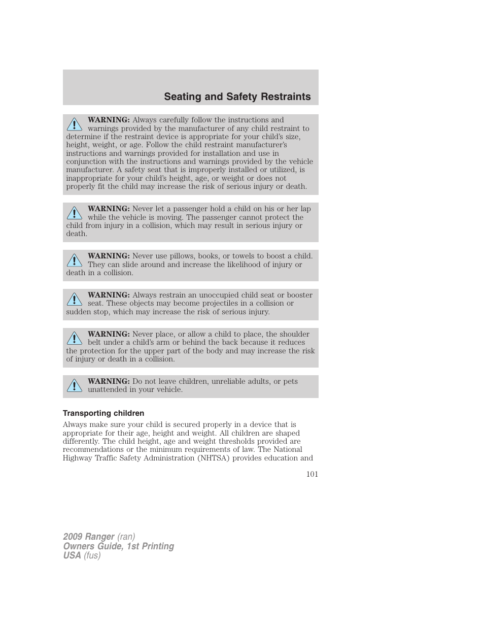 Transporting children, Seating and safety restraints | FORD 2009 Ranger v.1 User Manual | Page 101 / 280