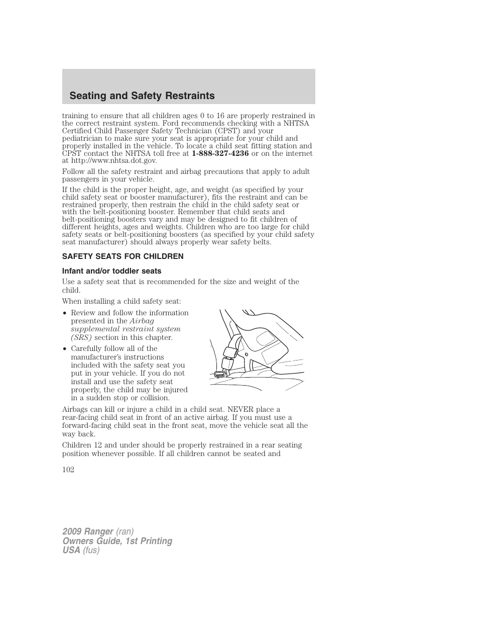 Safety seats for children, Infant and/or toddler seats, Seating and safety restraints | FORD 2009 Ranger v.1 User Manual | Page 102 / 280