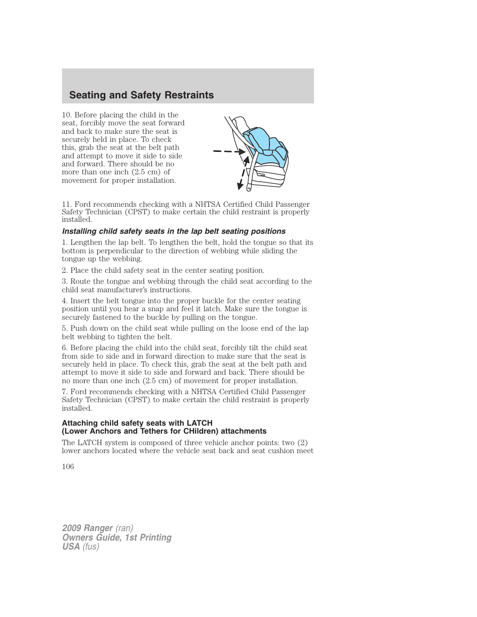 Seating and safety restraints | FORD 2009 Ranger v.1 User Manual | Page 106 / 280