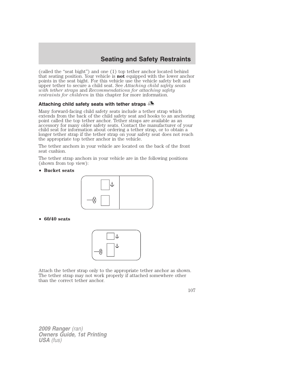Attaching child safety seats with tether straps, Seating and safety restraints | FORD 2009 Ranger v.1 User Manual | Page 107 / 280