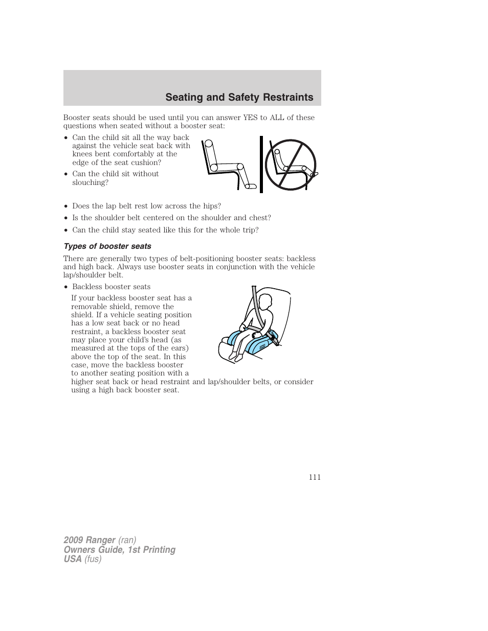Types of booster seats, Seating and safety restraints | FORD 2009 Ranger v.1 User Manual | Page 111 / 280