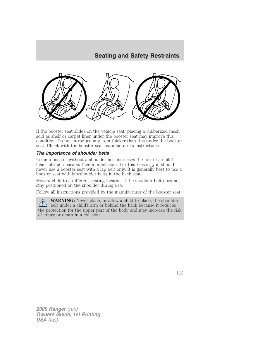 The importance of shoulder belts, Seating and safety restraints | FORD 2009 Ranger v.1 User Manual | Page 113 / 280