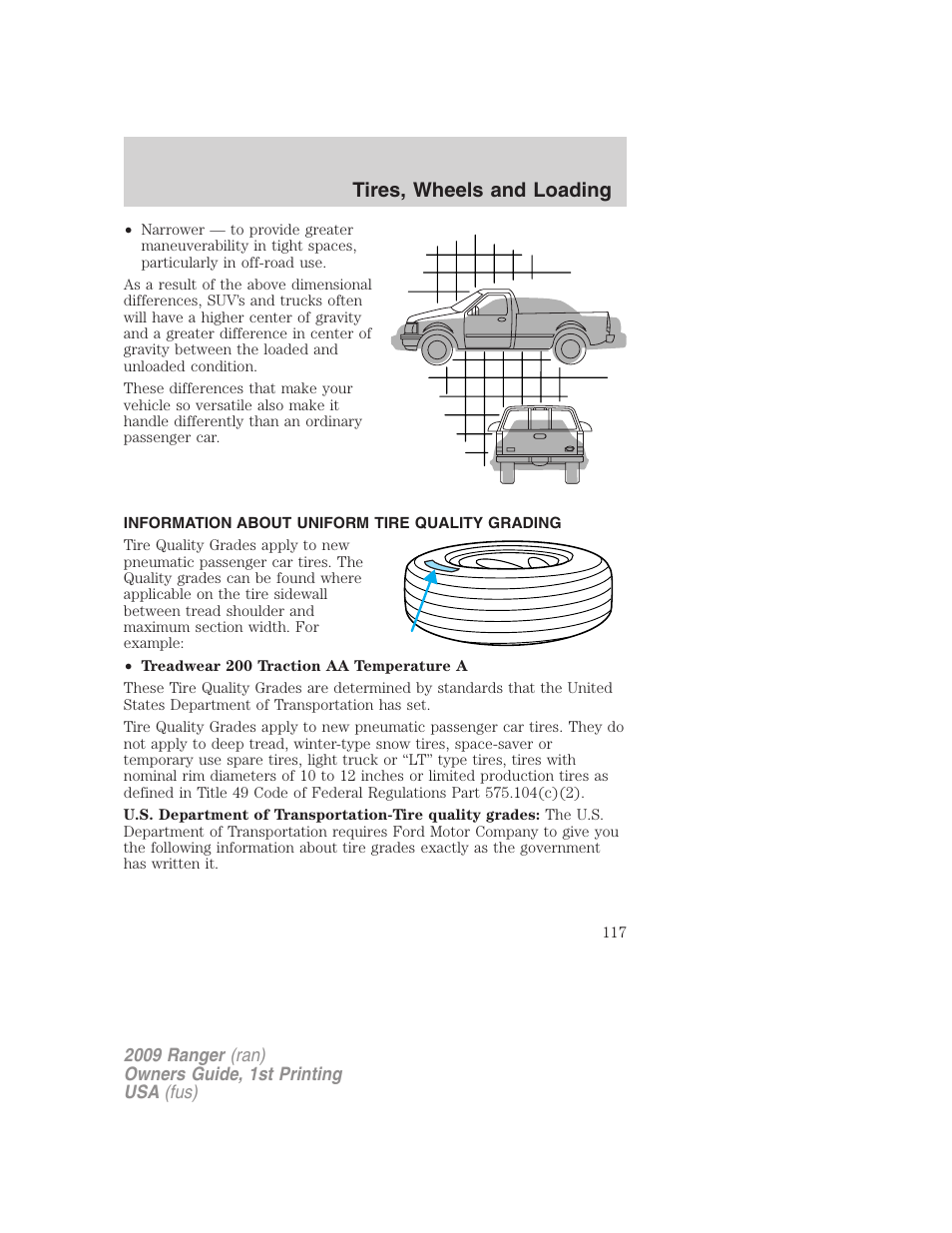 Information about uniform tire quality grading, Tire information, Tires, wheels and loading | FORD 2009 Ranger v.1 User Manual | Page 117 / 280
