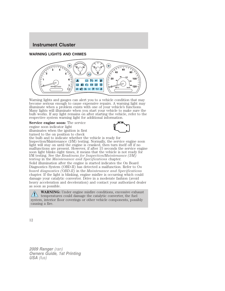 Instrument cluster, Warning lights and chimes | FORD 2009 Ranger v.1 User Manual | Page 12 / 280