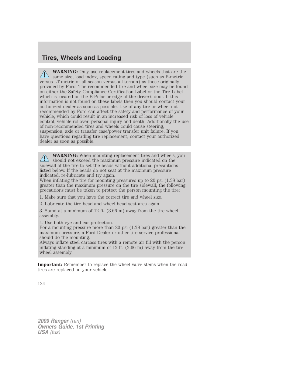 Tires, wheels and loading | FORD 2009 Ranger v.1 User Manual | Page 124 / 280