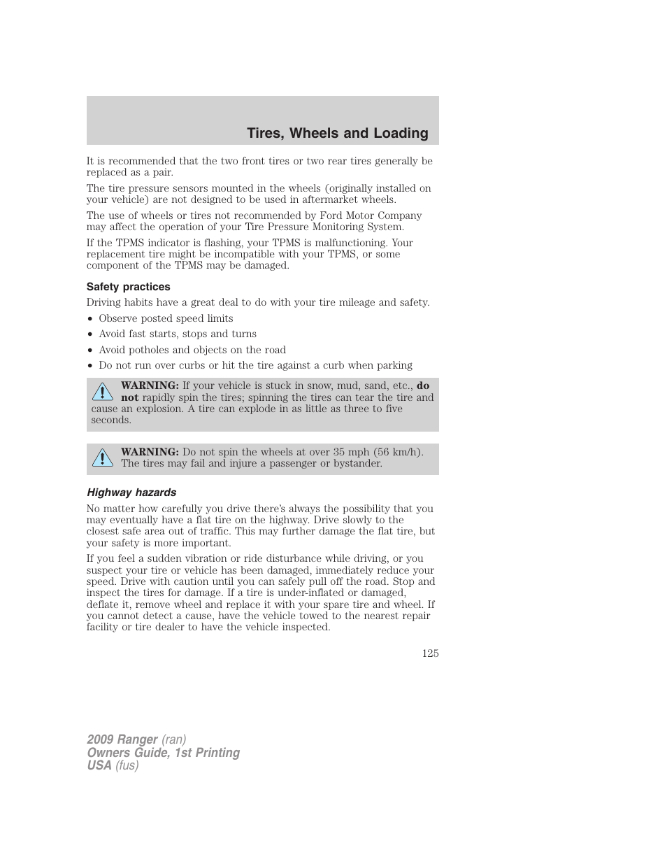 Safety practices, Highway hazards, Tires, wheels and loading | FORD 2009 Ranger v.1 User Manual | Page 125 / 280