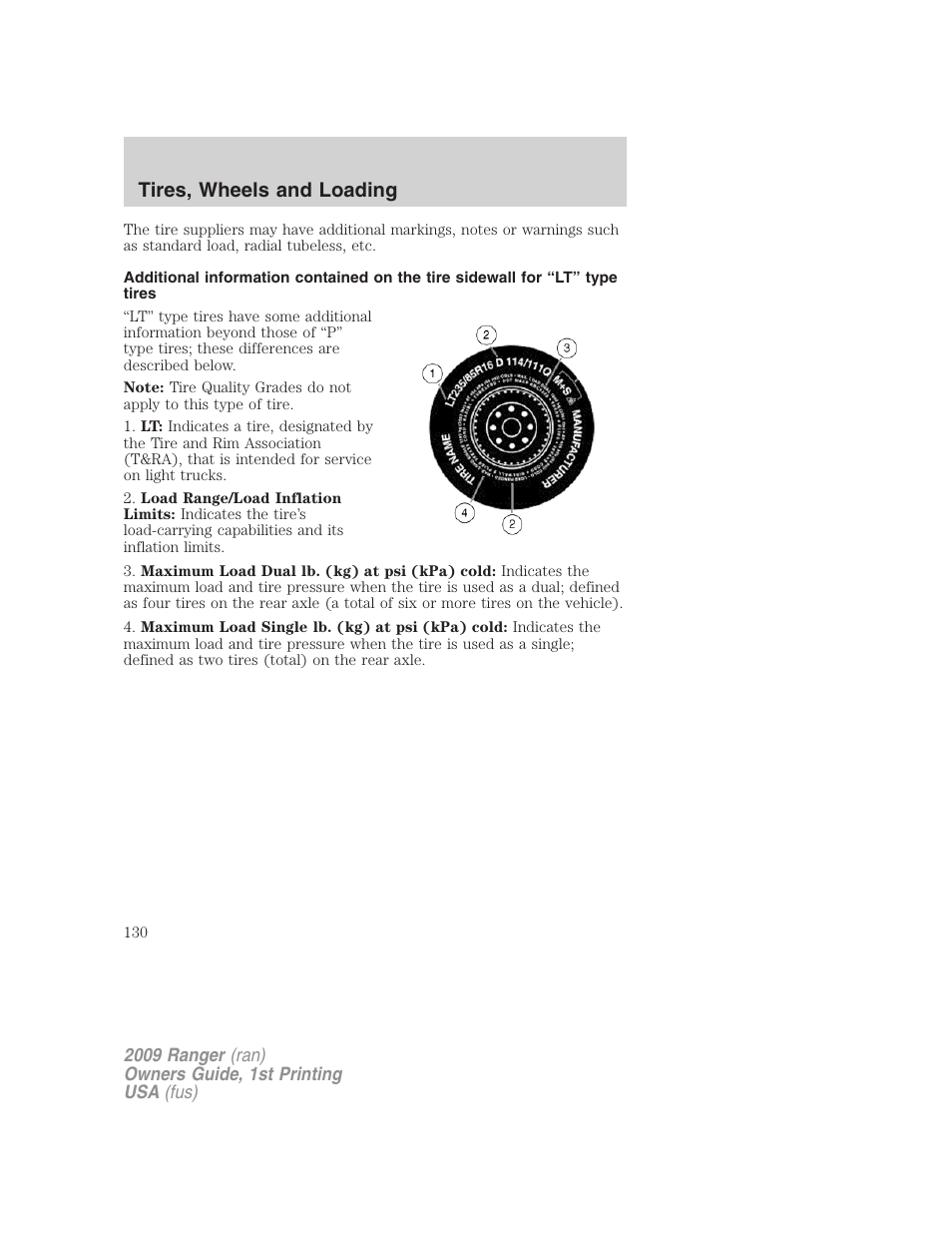 Tires, wheels and loading | FORD 2009 Ranger v.1 User Manual | Page 130 / 280