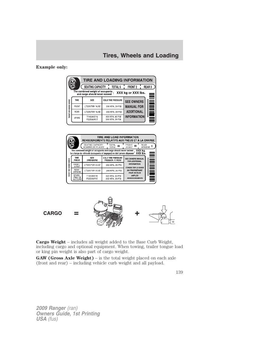Tires, wheels and loading | FORD 2009 Ranger v.1 User Manual | Page 139 / 280