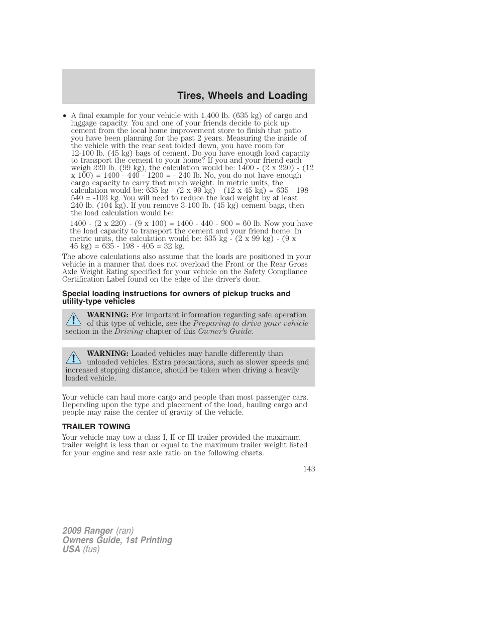 Trailer towing, Tires, wheels and loading | FORD 2009 Ranger v.1 User Manual | Page 143 / 280
