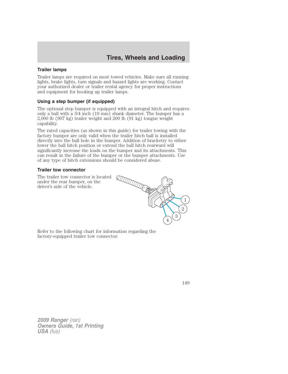 Trailer lamps, Using a step bumper (if equipped), Trailer tow connector | Tires, wheels and loading | FORD 2009 Ranger v.1 User Manual | Page 149 / 280