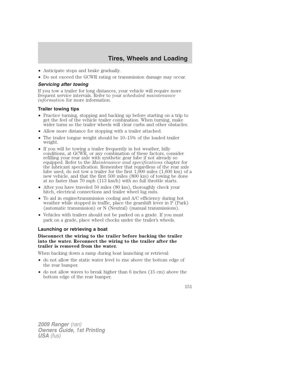 Servicing after towing, Trailer towing tips, Launching or retrieving a boat | Tires, wheels and loading | FORD 2009 Ranger v.1 User Manual | Page 151 / 280