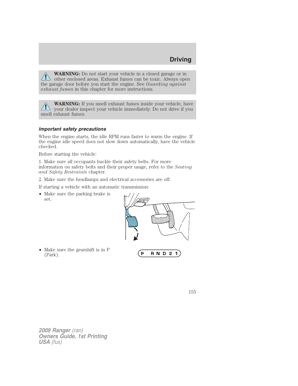Important safety precautions, Driving | FORD 2009 Ranger v.1 User Manual | Page 155 / 280