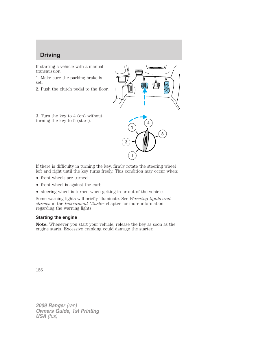 Starting the engine, Driving | FORD 2009 Ranger v.1 User Manual | Page 156 / 280