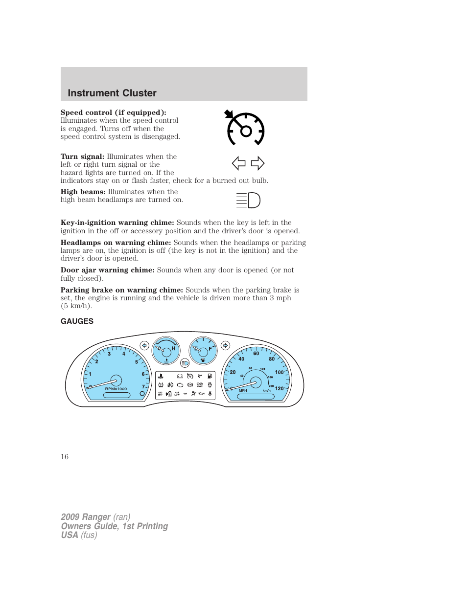 Gauges, Instrument cluster | FORD 2009 Ranger v.1 User Manual | Page 16 / 280