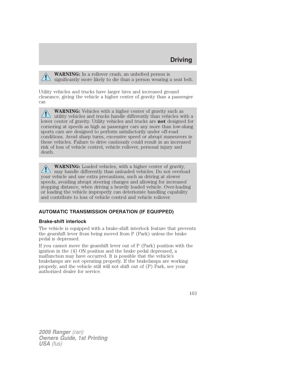 Automatic transmission operation (if equipped), Brake-shift interlock, Transmission operation | Driving | FORD 2009 Ranger v.1 User Manual | Page 163 / 280