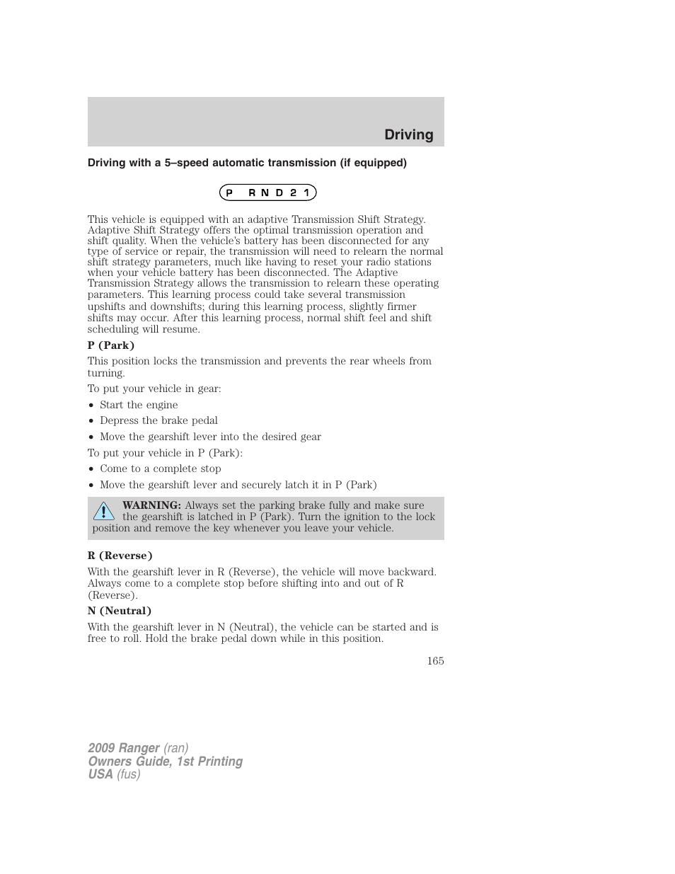Driving | FORD 2009 Ranger v.1 User Manual | Page 165 / 280