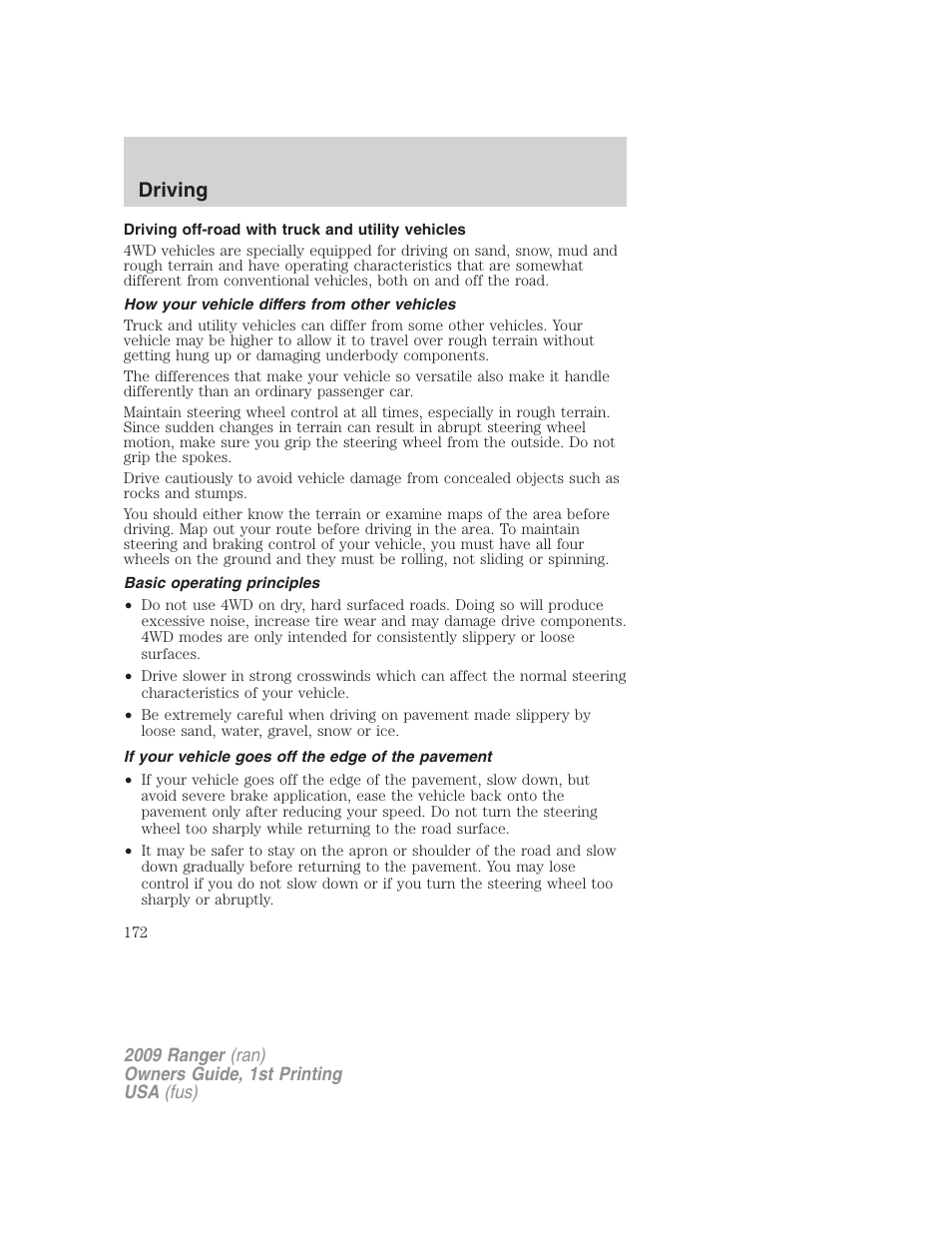 Driving off-road with truck and utility vehicles, How your vehicle differs from other vehicles, Basic operating principles | If your vehicle goes off the edge of the pavement, Driving | FORD 2009 Ranger v.1 User Manual | Page 172 / 280