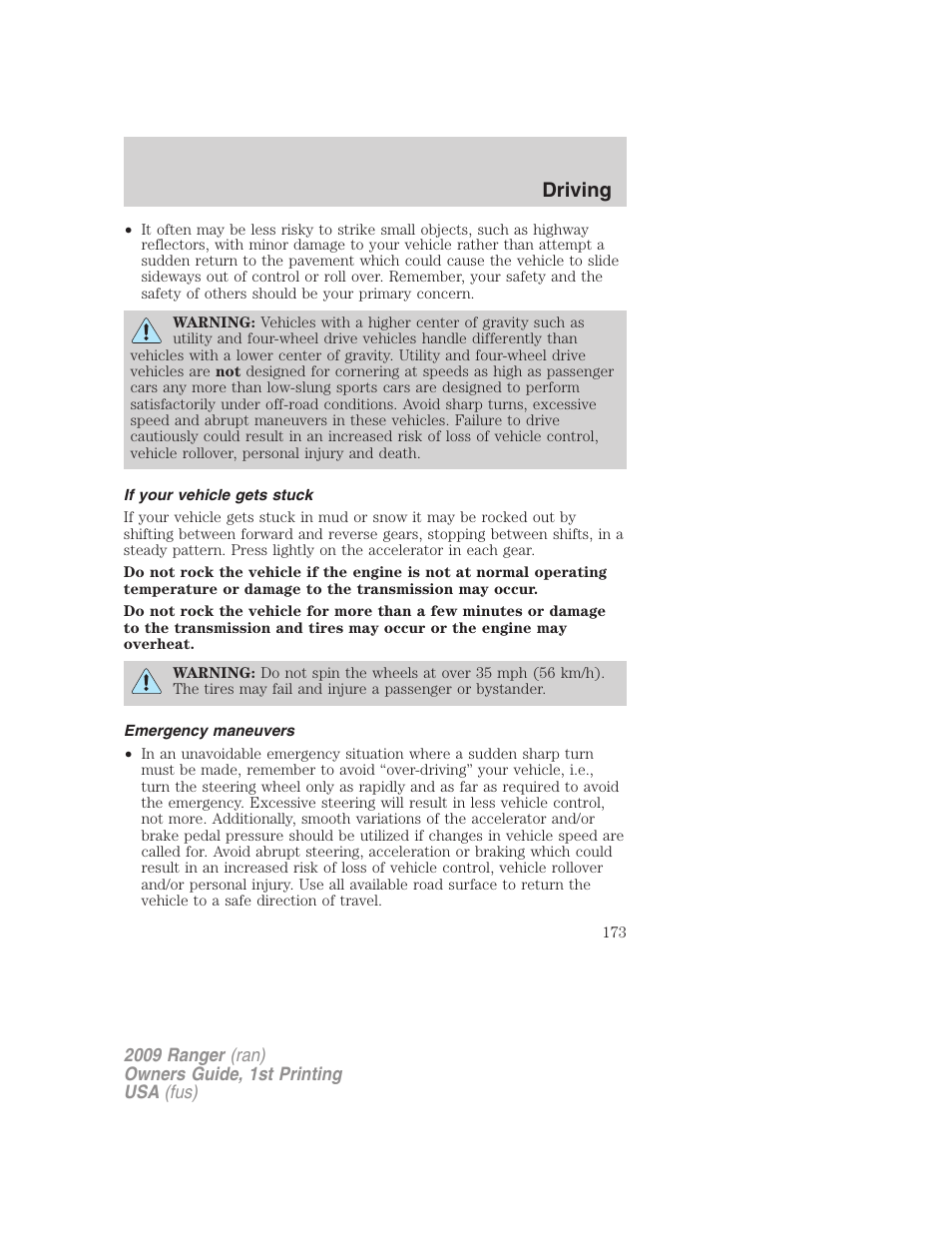 If your vehicle gets stuck, Emergency maneuvers, Driving | FORD 2009 Ranger v.1 User Manual | Page 173 / 280