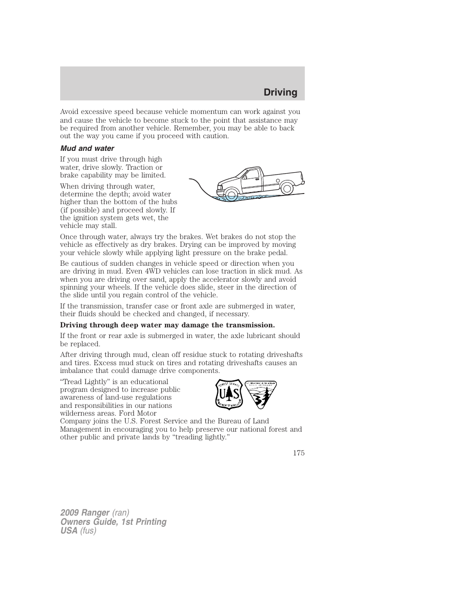 Mud and water, Driving | FORD 2009 Ranger v.1 User Manual | Page 175 / 280