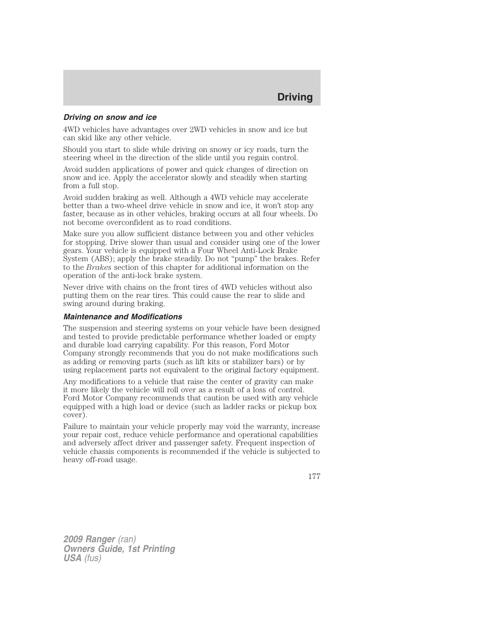 Driving on snow and ice, Maintenance and modifications, Driving | FORD 2009 Ranger v.1 User Manual | Page 177 / 280