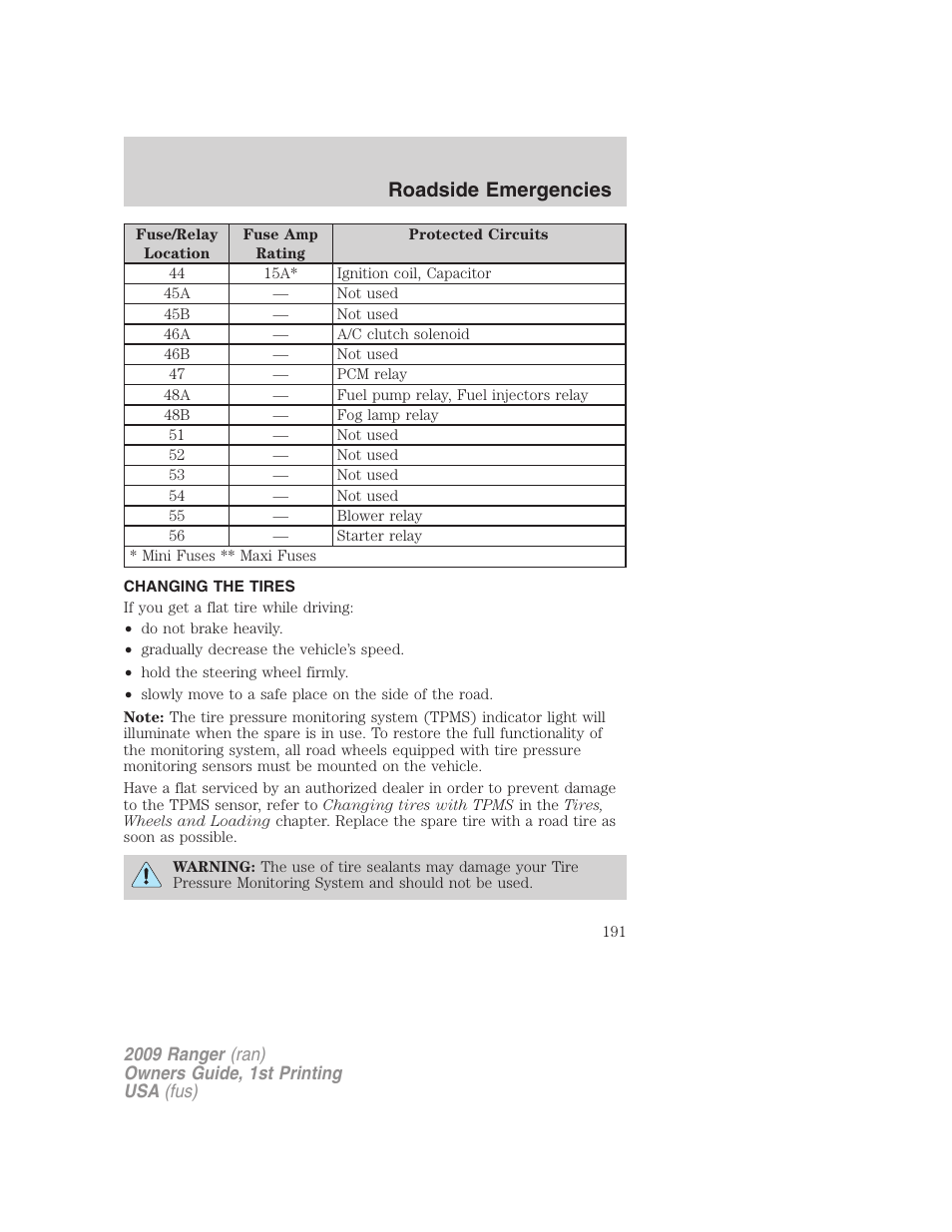 Changing the tires, Changing tires, Roadside emergencies | FORD 2009 Ranger v.1 User Manual | Page 191 / 280