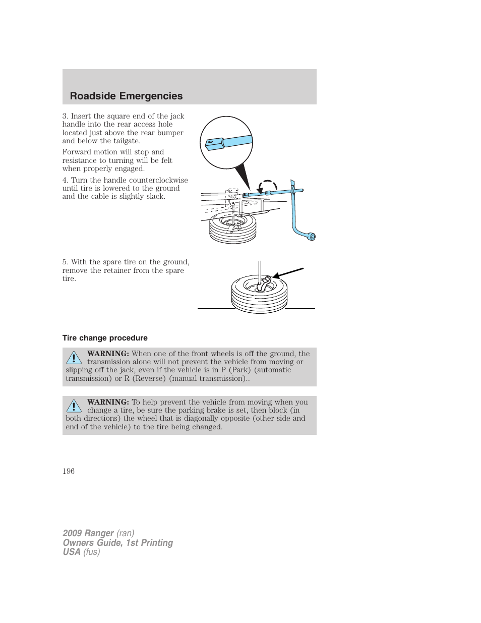 Tire change procedure, Roadside emergencies | FORD 2009 Ranger v.1 User Manual | Page 196 / 280