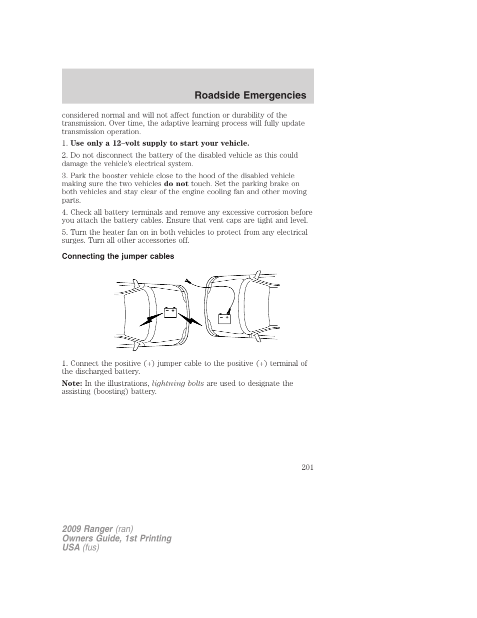 Connecting the jumper cables, Roadside emergencies | FORD 2009 Ranger v.1 User Manual | Page 201 / 280