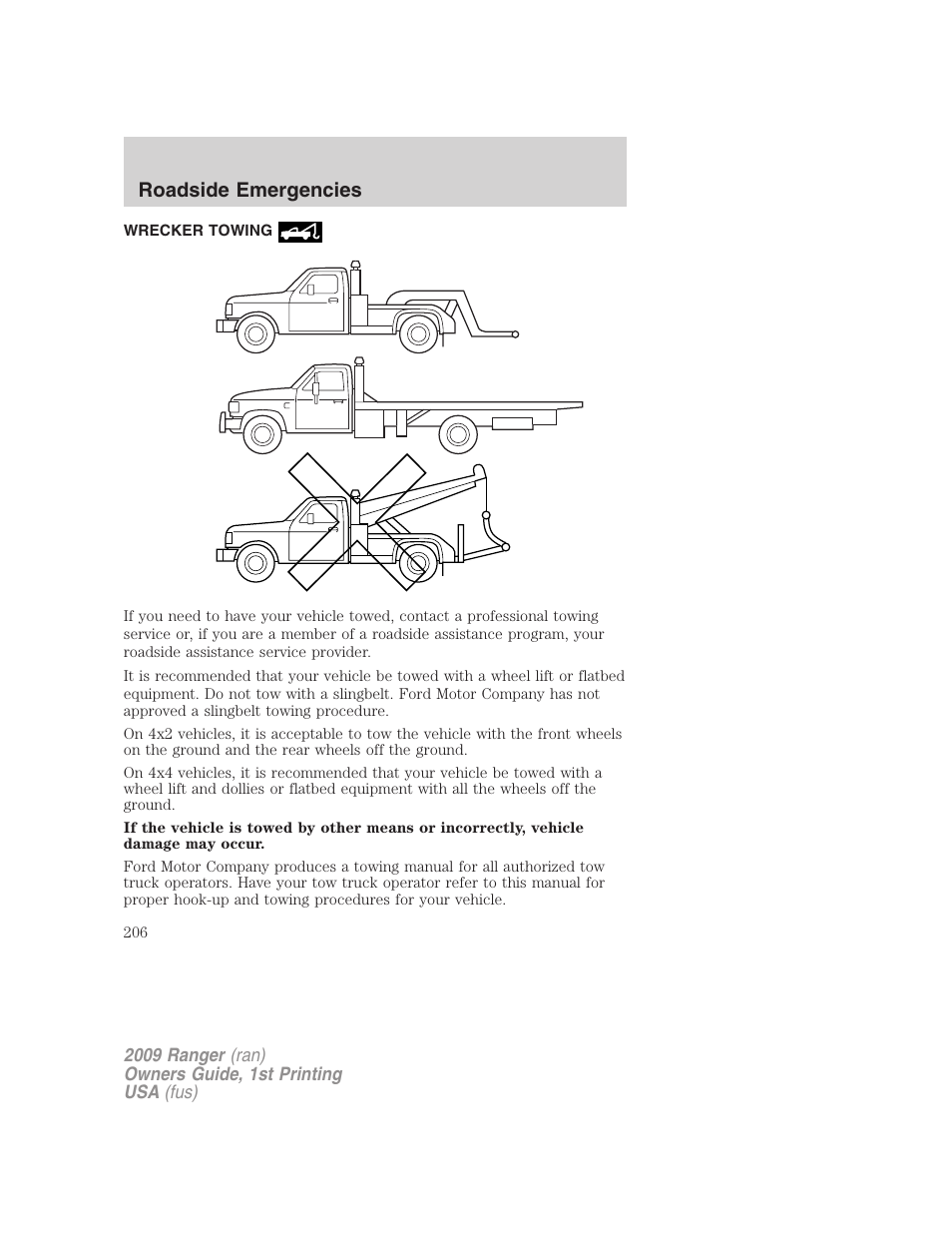 Wrecker towing, Roadside emergencies | FORD 2009 Ranger v.1 User Manual | Page 206 / 280