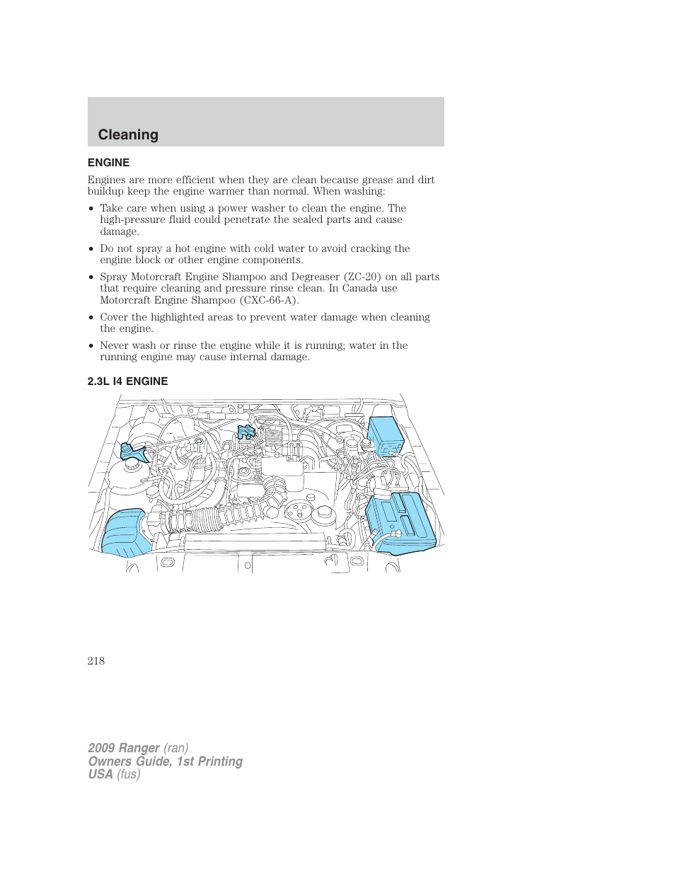 Engine, 3l i4 engine, Cleaning | FORD 2009 Ranger v.1 User Manual | Page 218 / 280