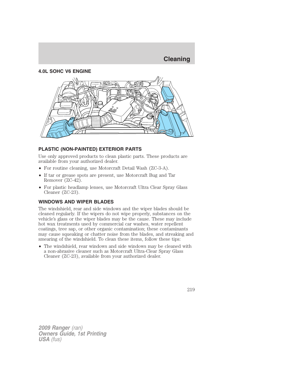 0l sohc v6 engine, Plastic (non-painted) exterior parts, Windows and wiper blades | Cleaning | FORD 2009 Ranger v.1 User Manual | Page 219 / 280