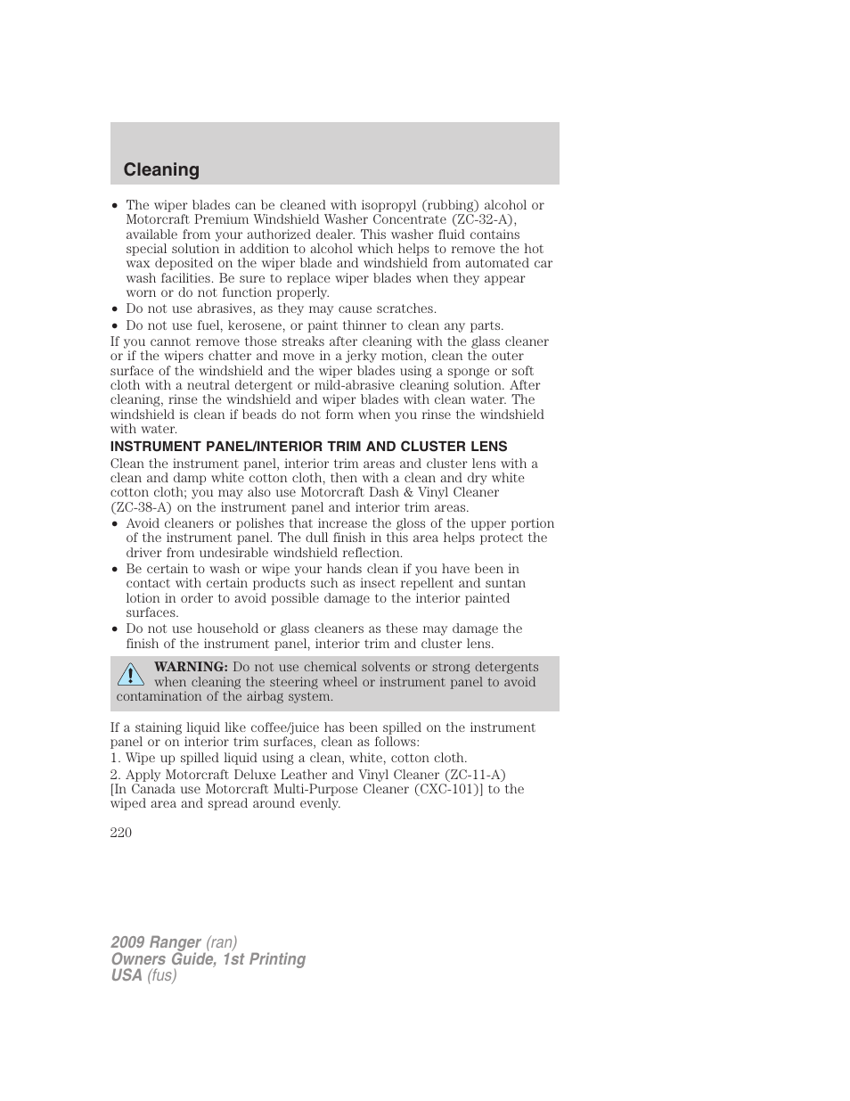 Instrument panel/interior trim and cluster lens, Cleaning | FORD 2009 Ranger v.1 User Manual | Page 220 / 280