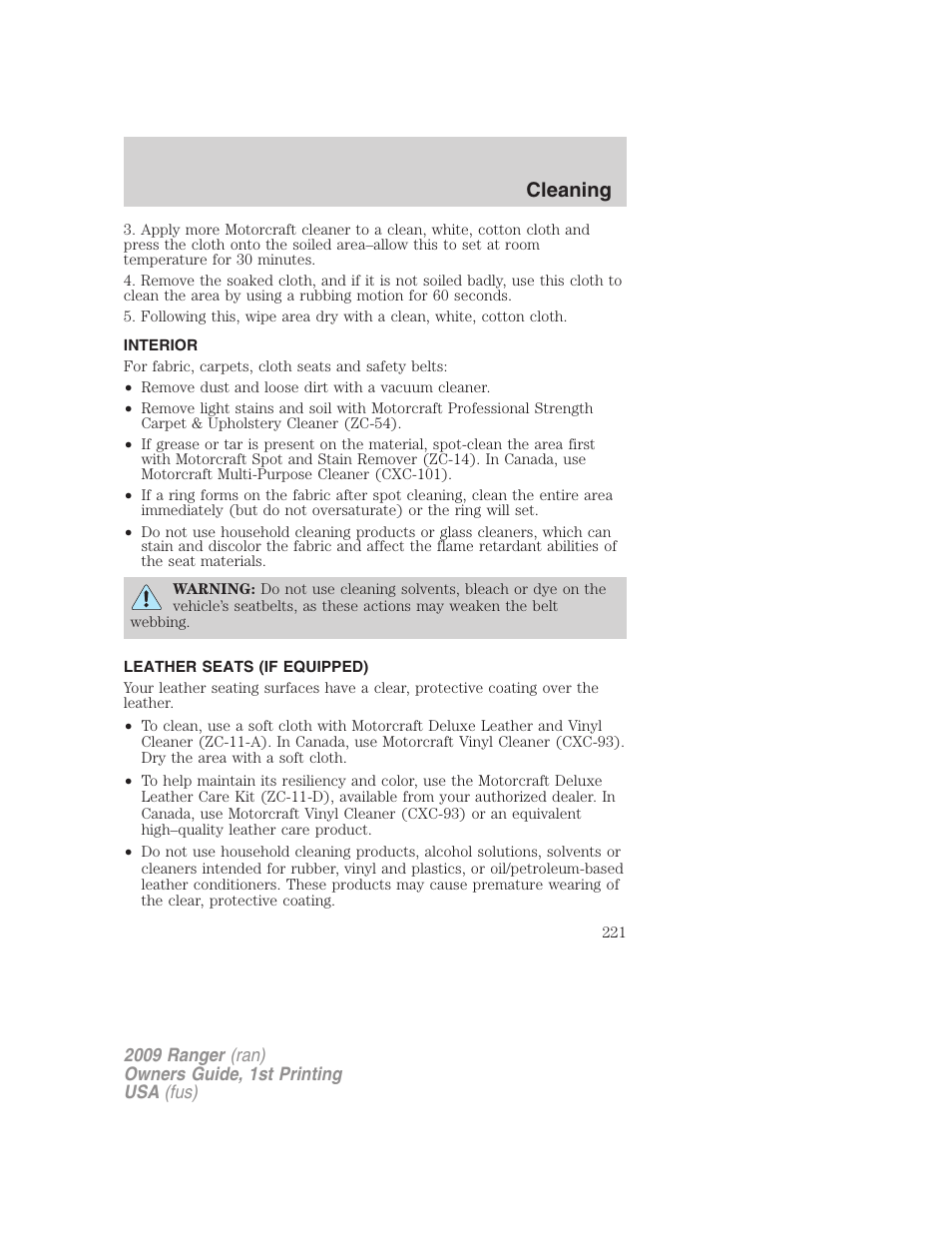 Interior, Leather seats (if equipped), Cleaning | FORD 2009 Ranger v.1 User Manual | Page 221 / 280