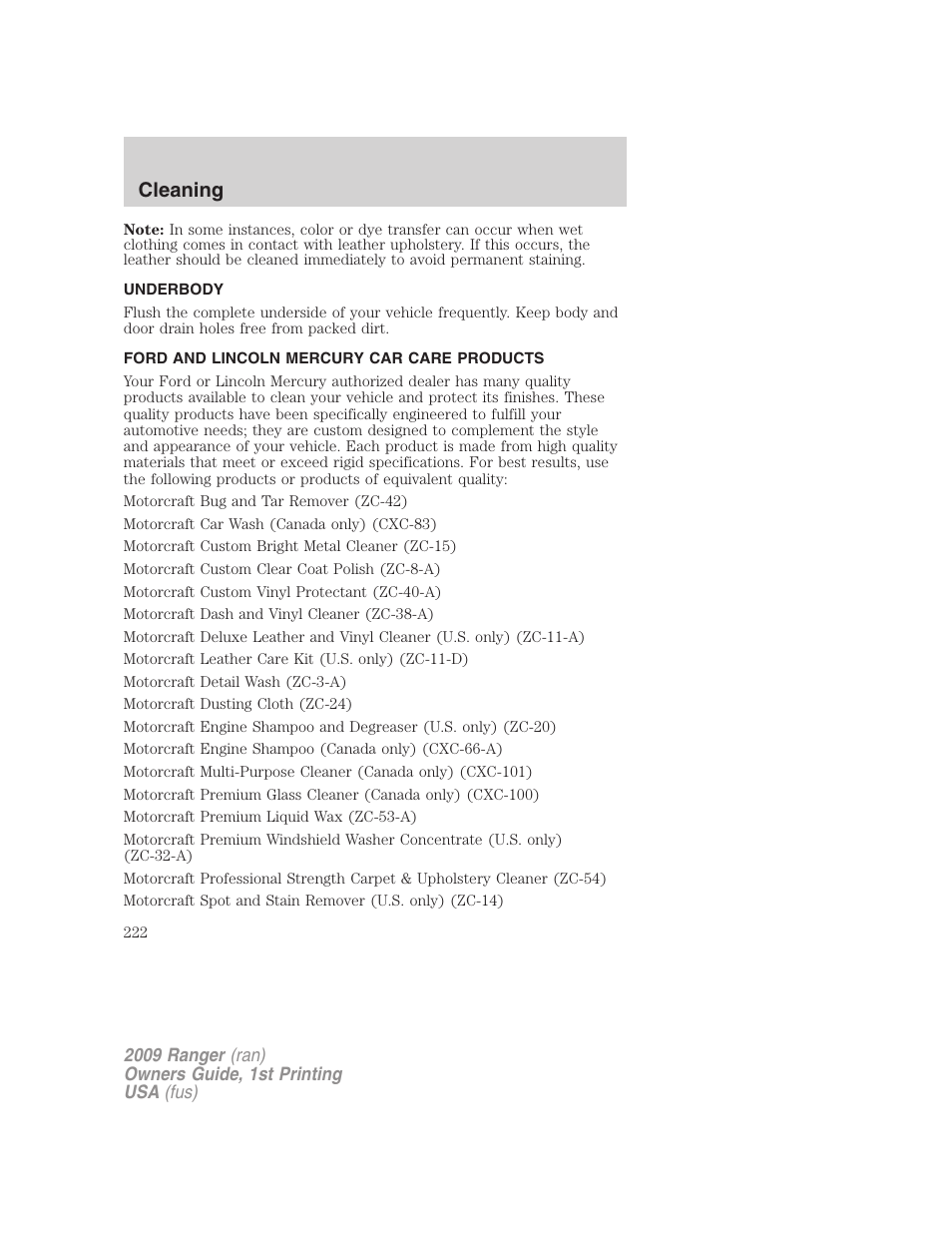 Underbody, Ford and lincoln mercury car care products, Cleaning | FORD 2009 Ranger v.1 User Manual | Page 222 / 280