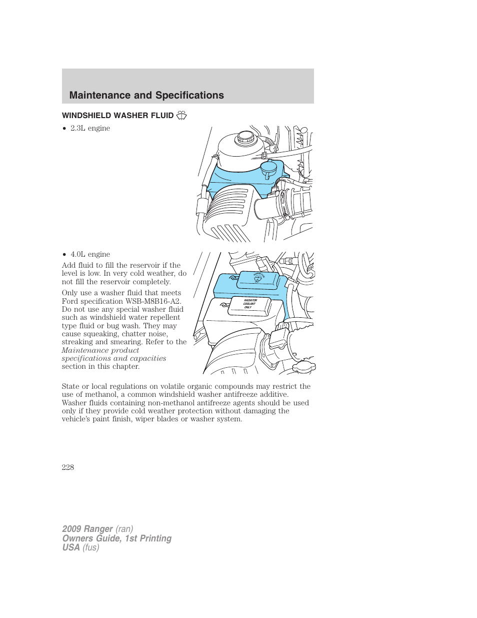 Windshield washer fluid, Maintenance and specifications | FORD 2009 Ranger v.1 User Manual | Page 228 / 280