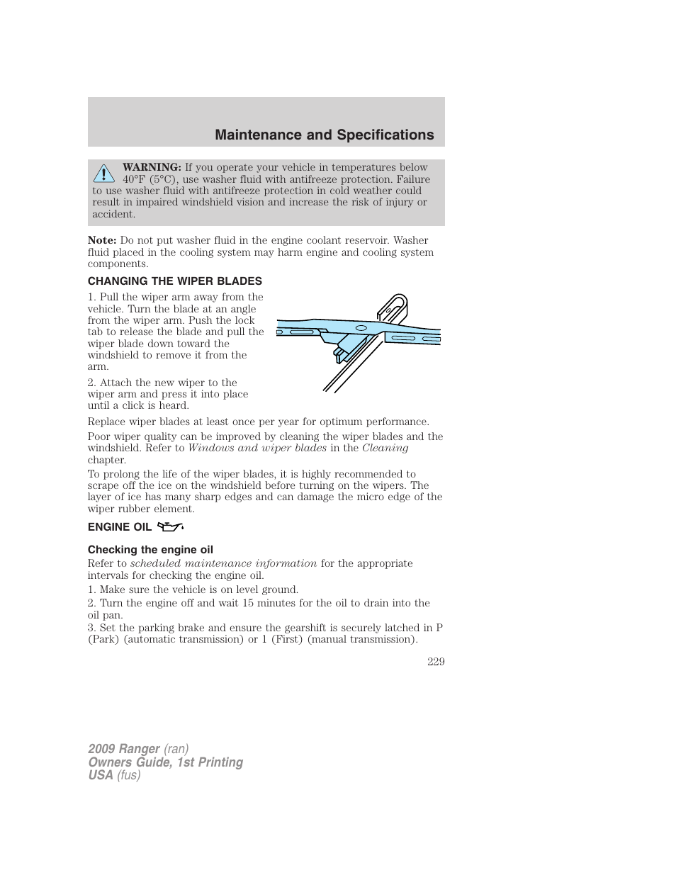 Changing the wiper blades, Engine oil, Checking the engine oil | Maintenance and specifications | FORD 2009 Ranger v.1 User Manual | Page 229 / 280
