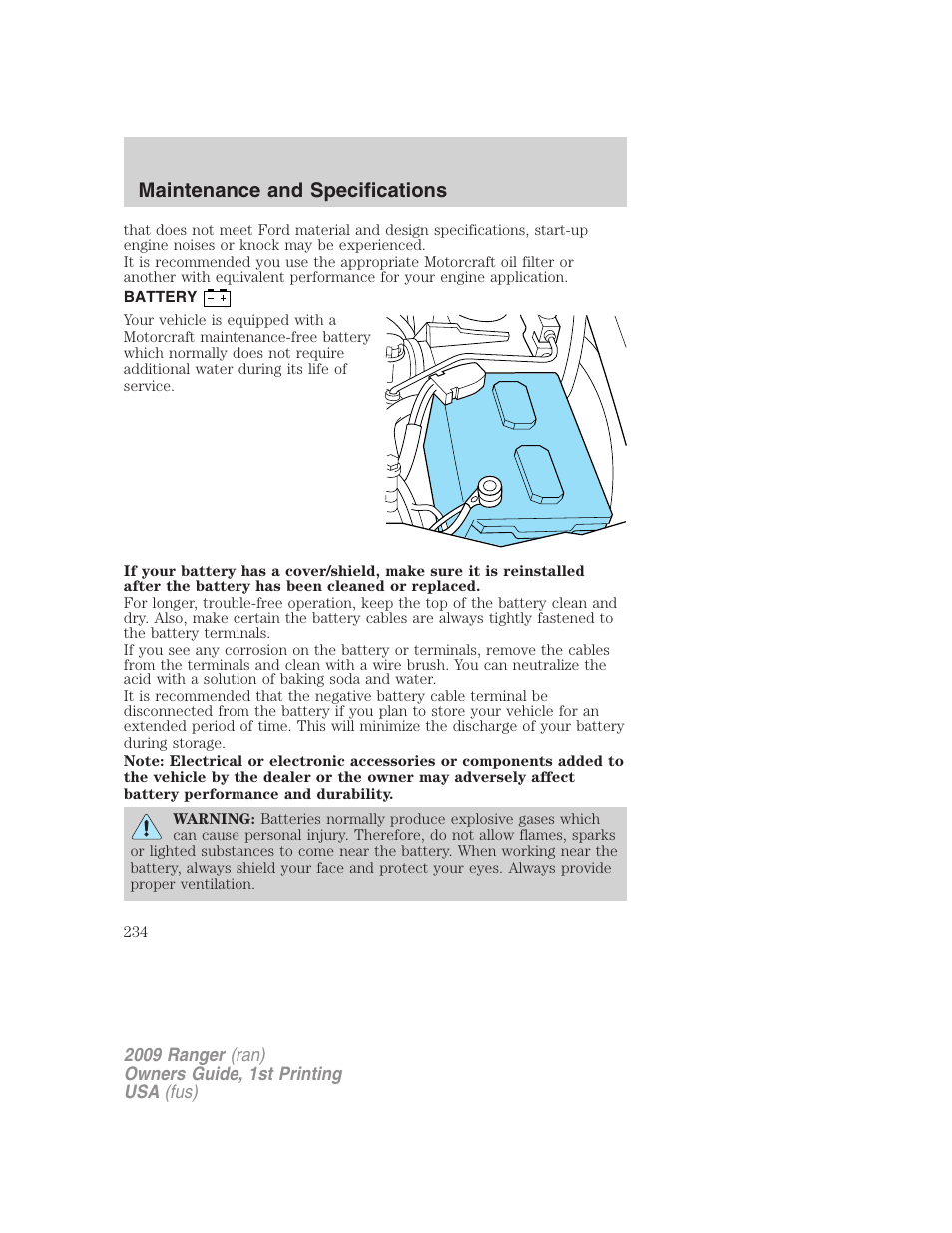 Battery, Maintenance and specifications | FORD 2009 Ranger v.1 User Manual | Page 234 / 280