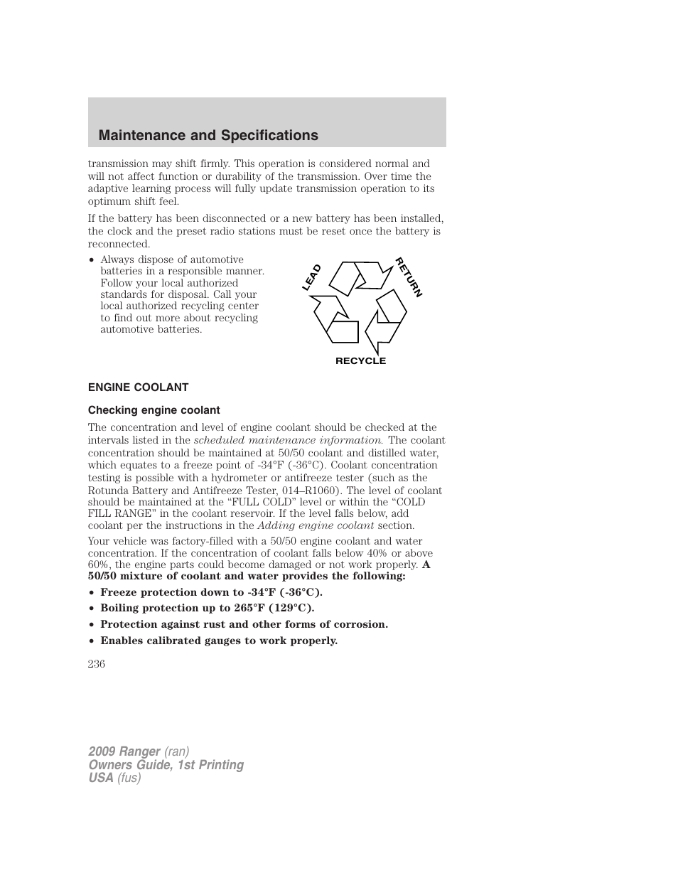 Engine coolant, Checking engine coolant, Maintenance and specifications | FORD 2009 Ranger v.1 User Manual | Page 236 / 280