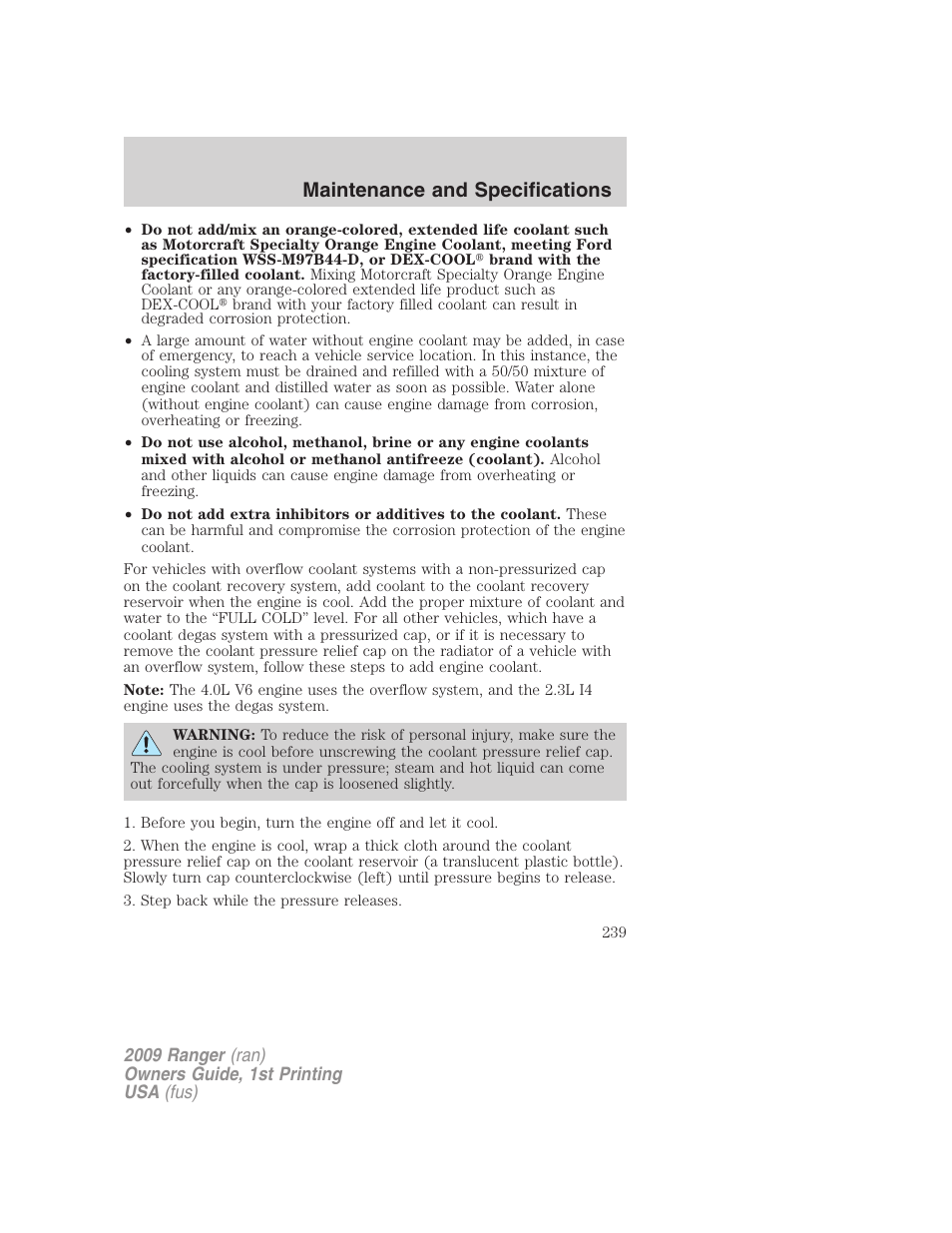 Maintenance and specifications | FORD 2009 Ranger v.1 User Manual | Page 239 / 280