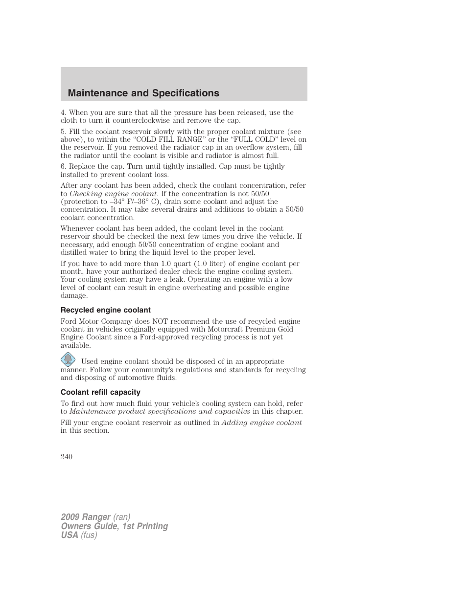 Recycled engine coolant, Coolant refill capacity, Maintenance and specifications | FORD 2009 Ranger v.1 User Manual | Page 240 / 280