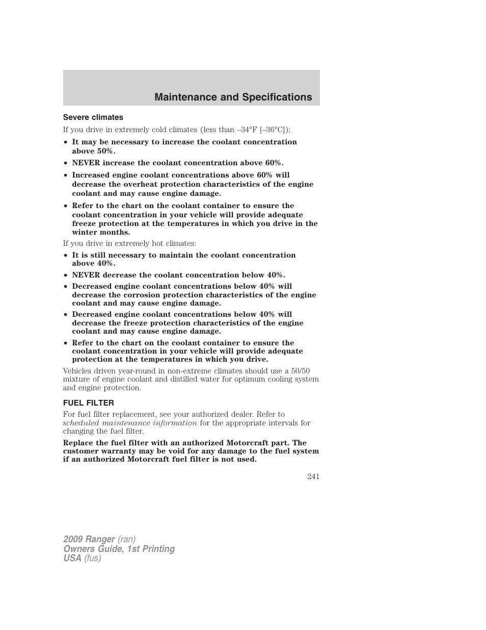Severe climates, Fuel filter, Maintenance and specifications | FORD 2009 Ranger v.1 User Manual | Page 241 / 280