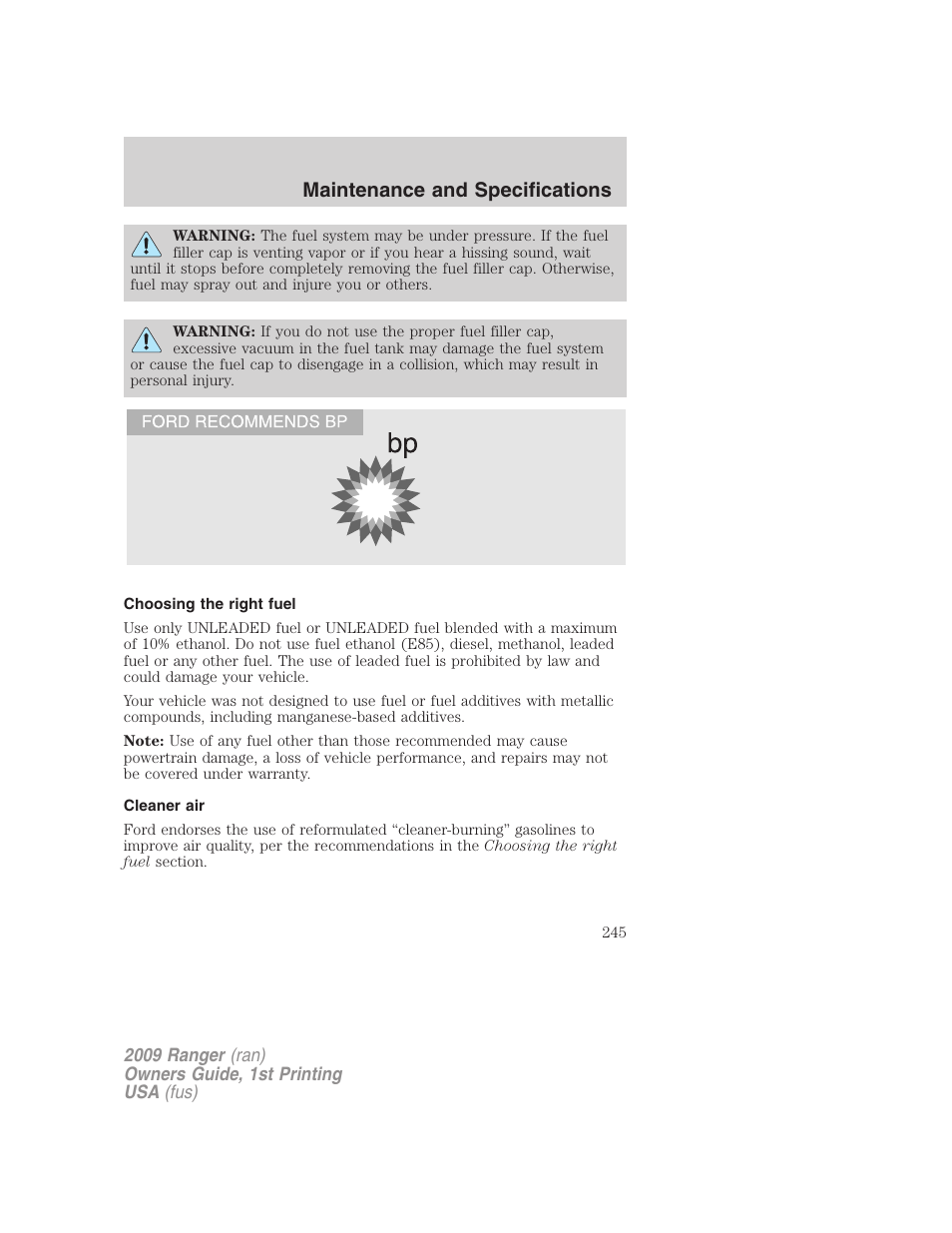 Choosing the right fuel, Cleaner air, Maintenance and specifications | FORD 2009 Ranger v.1 User Manual | Page 245 / 280