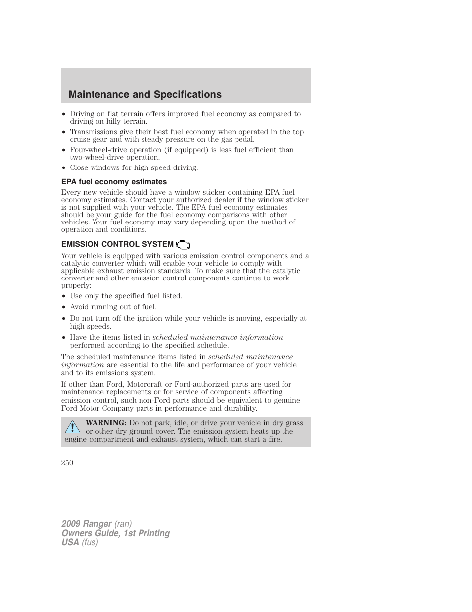 Epa fuel economy estimates, Emission control system, Maintenance and specifications | FORD 2009 Ranger v.1 User Manual | Page 250 / 280