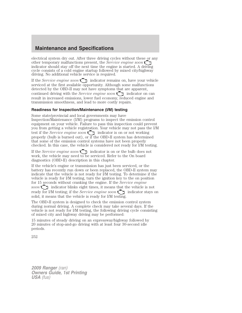 Readiness for inspection/maintenance (i/m) testing, Maintenance and specifications | FORD 2009 Ranger v.1 User Manual | Page 252 / 280