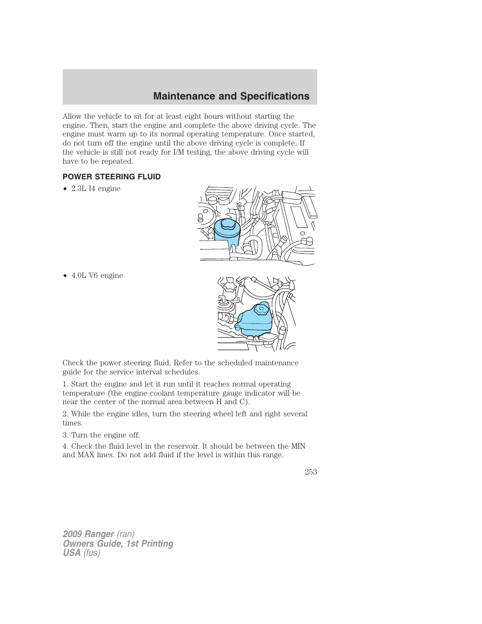 Power steering fluid, Maintenance and specifications | FORD 2009 Ranger v.1 User Manual | Page 253 / 280
