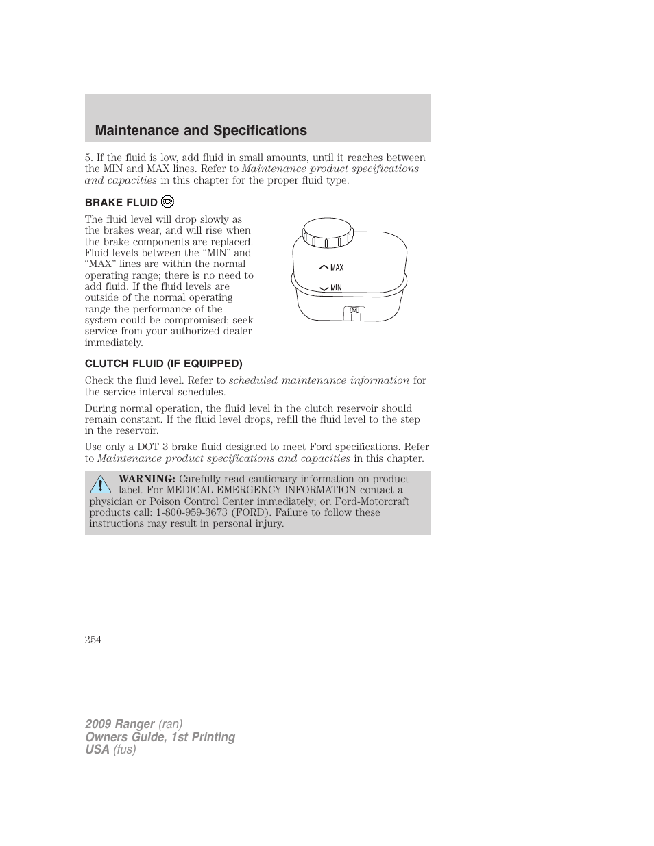 Brake fluid, Clutch fluid (if equipped), Maintenance and specifications | FORD 2009 Ranger v.1 User Manual | Page 254 / 280