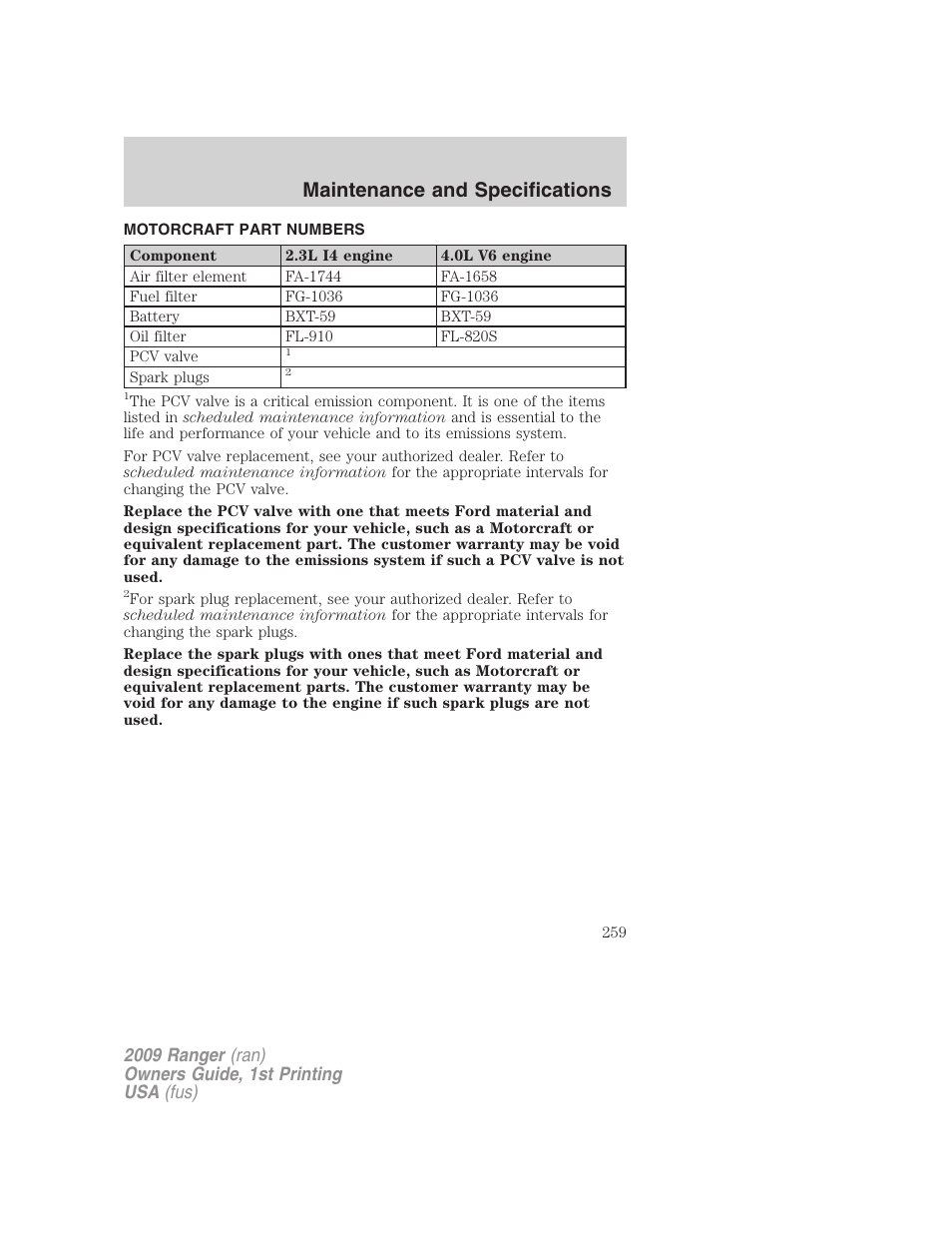 Motorcraft part numbers, Part numbers, Maintenance and specifications | FORD 2009 Ranger v.1 User Manual | Page 259 / 280