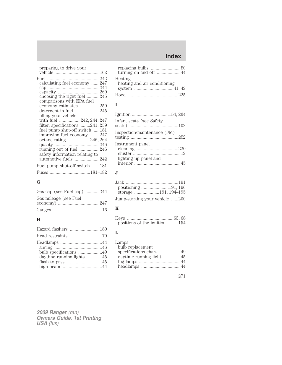 Index | FORD 2009 Ranger v.1 User Manual | Page 271 / 280